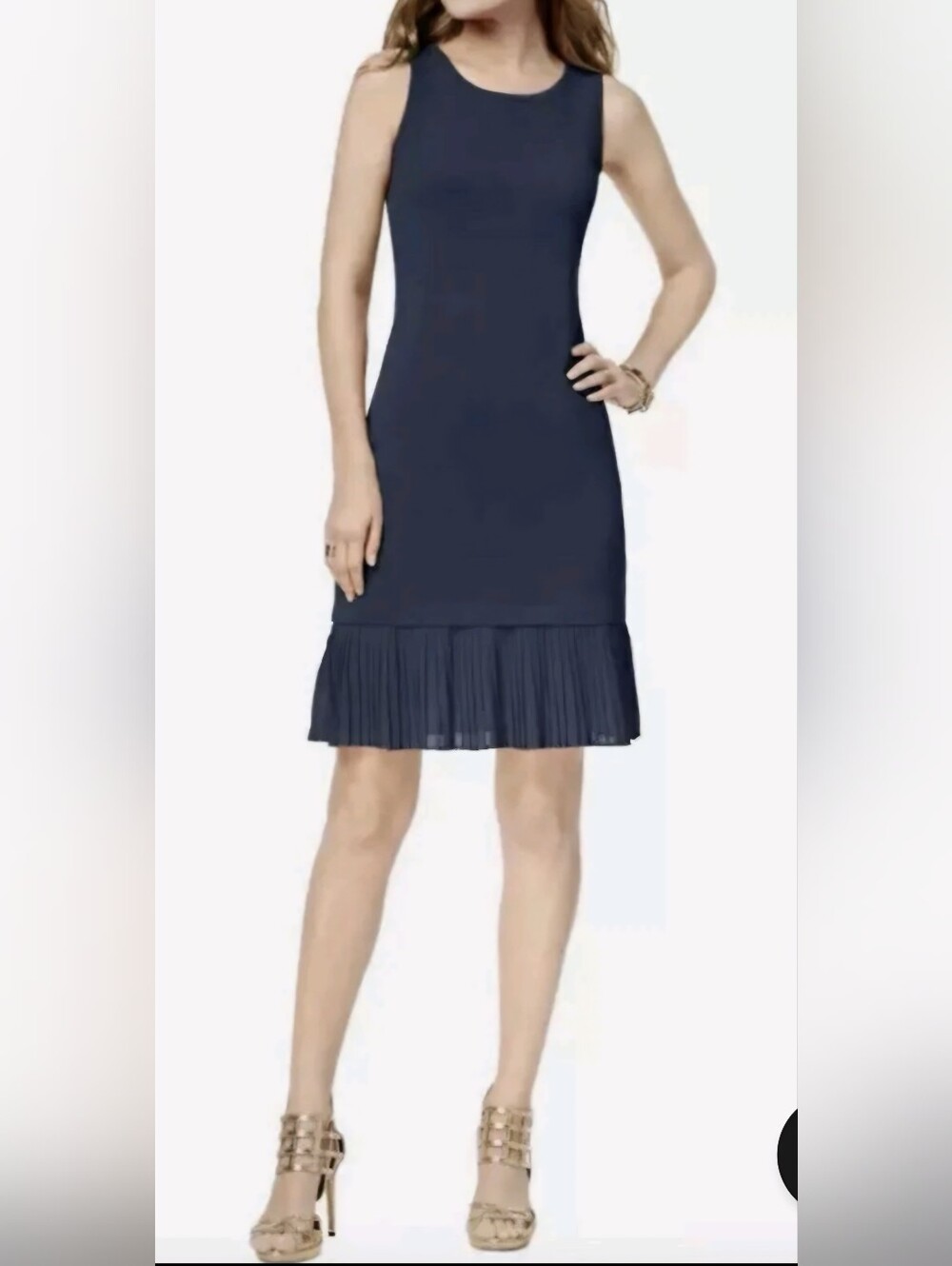 MICHAEL Michael Kors Navy Sleeveless Midi Dress with Pleated Hemline